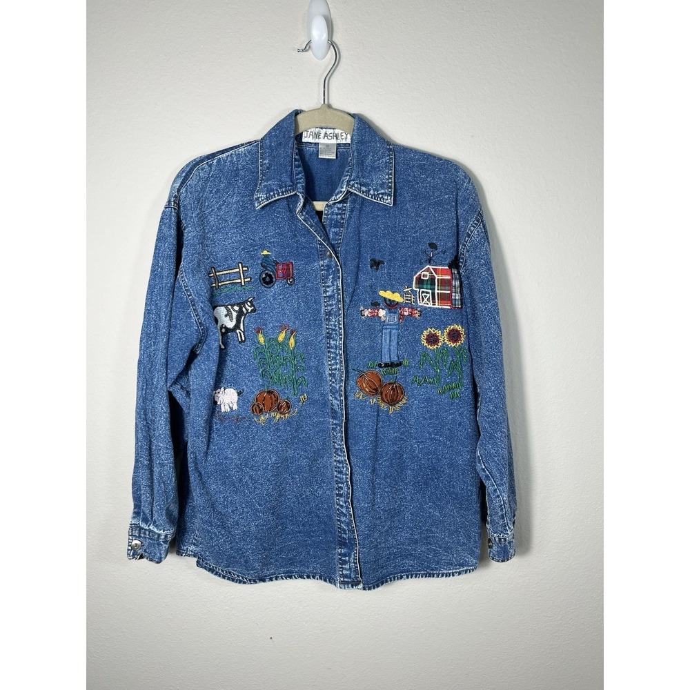 Vintage Jane Ashley Women's Chambray Button Up Top Embroidery Beads Retro Sz M